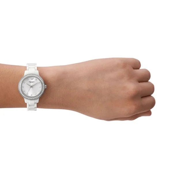 Emporio Armani Three-Hand White Ceramic Woman's Watch | AR70013 | Time Watch Specialists