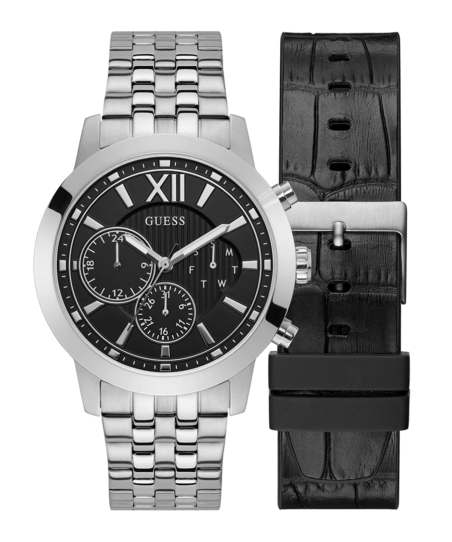 Exclusive Silver Steel And Leather Men's Watch Gift Set | GW0296G2 | Time Watch Specialists