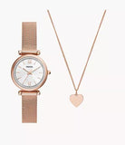 Fossil Carlie Three-Hand Rose Gold-Tone Stainless Steel Mesh Woman's Watch and Necklace Box Set | ES5314SET | Time Watch Specialists