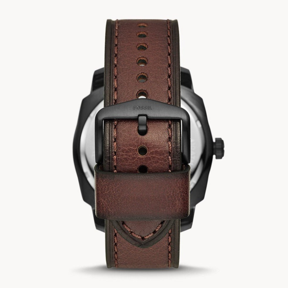 Fossil Machine Three-hand Date Dark Brown LiteHide™ Men's Leather Watch | FS5972 | Time Watch Specialists