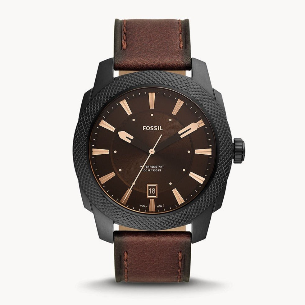 Fossil Machine Three-hand Date Dark Brown LiteHide™ Men's Leather Watch | FS5972 | Time Watch Specialists