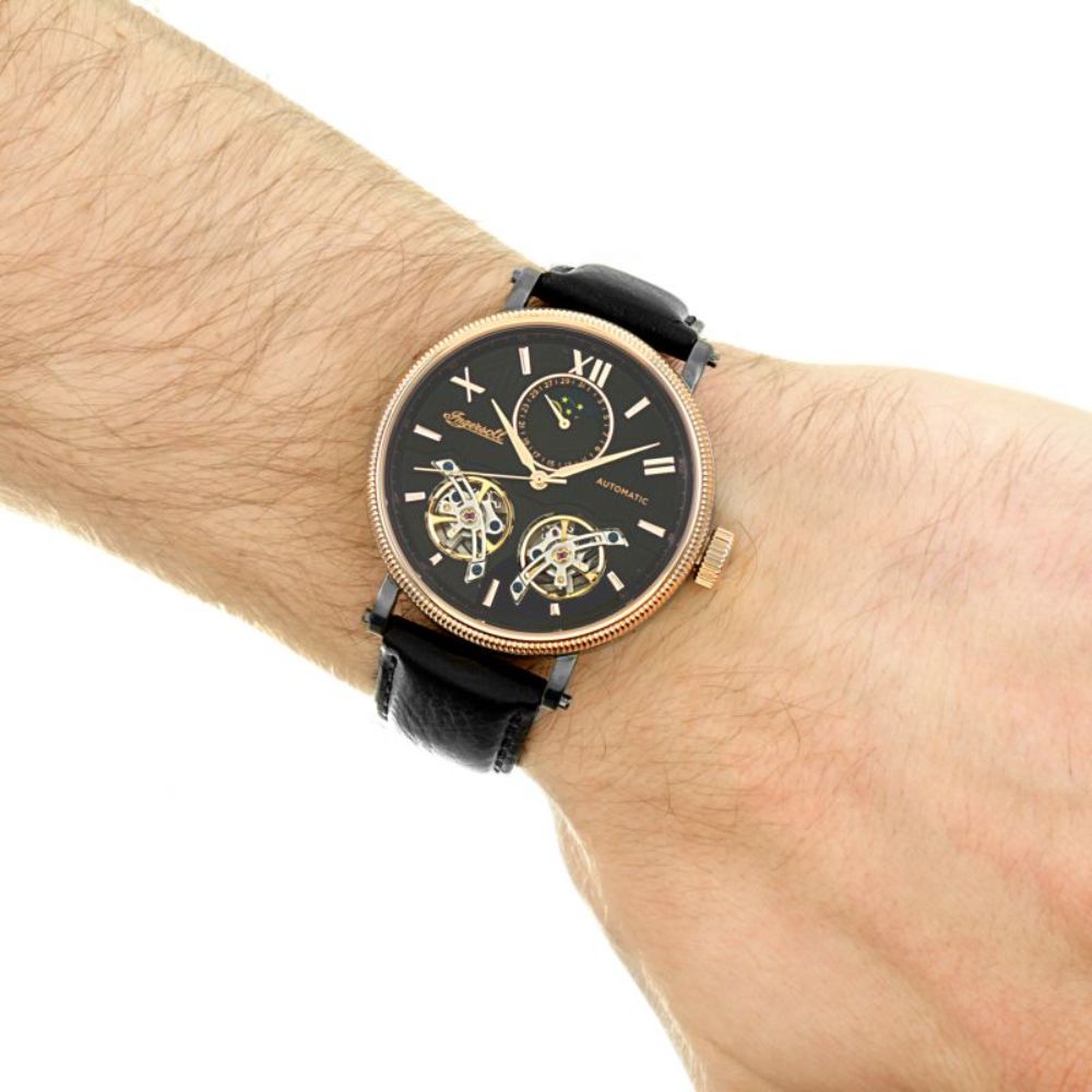 Ingersoll The Hollywood Automatic Rose Gold Black Leather Strap Men's Watch - I09601 | Time Watch Specialists