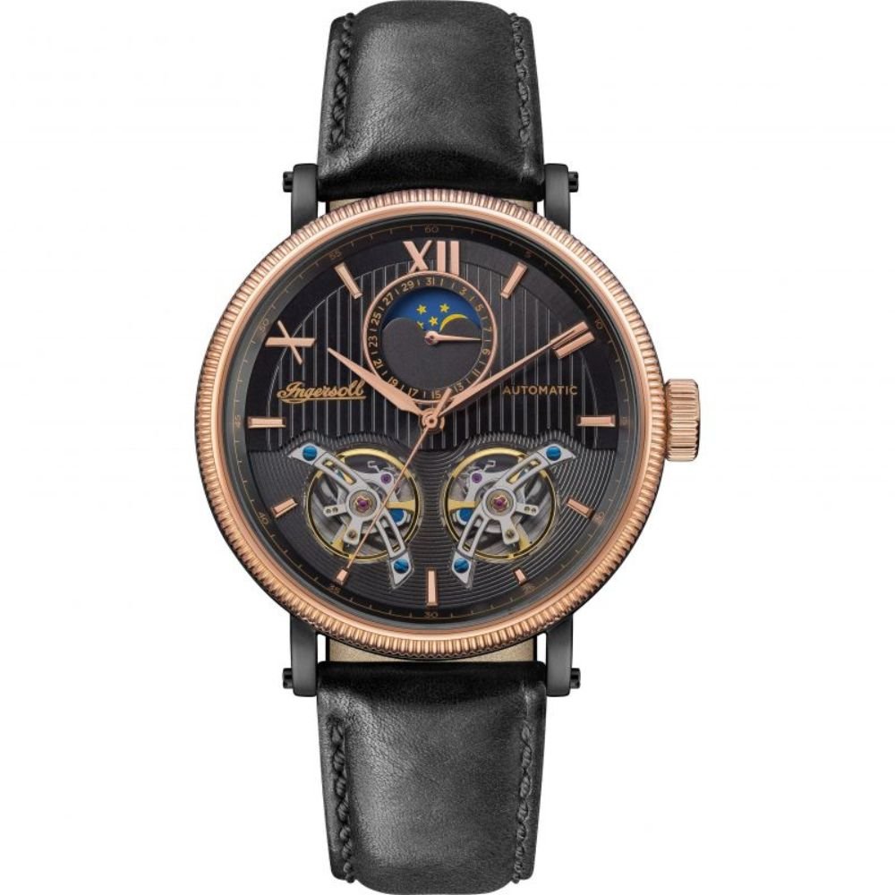 Ingersoll The Hollywood Automatic Rose Gold Black Leather Strap Men's Watch - I09601 | Time Watch Specialists