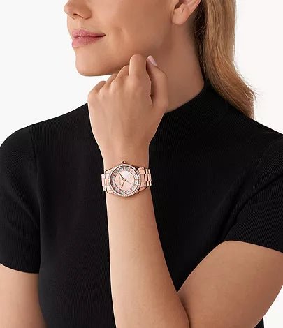 Michael Kors Lexington Three-Hand Rose Gold-Tone Stainless Steel Woman's Watch | MK7444 | Time Watch Specialists