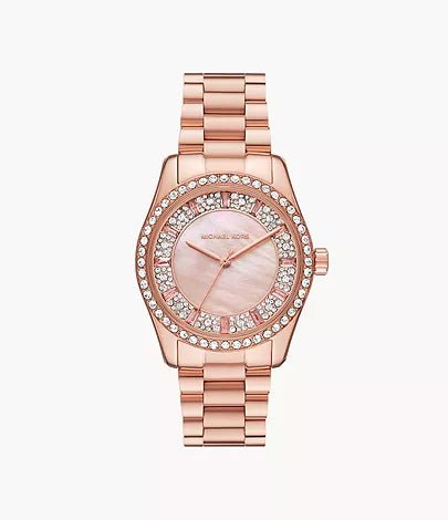 Michael Kors Lexington Three-Hand Rose Gold-Tone Stainless Steel Woman's Watch | MK7444 | Time Watch Specialists