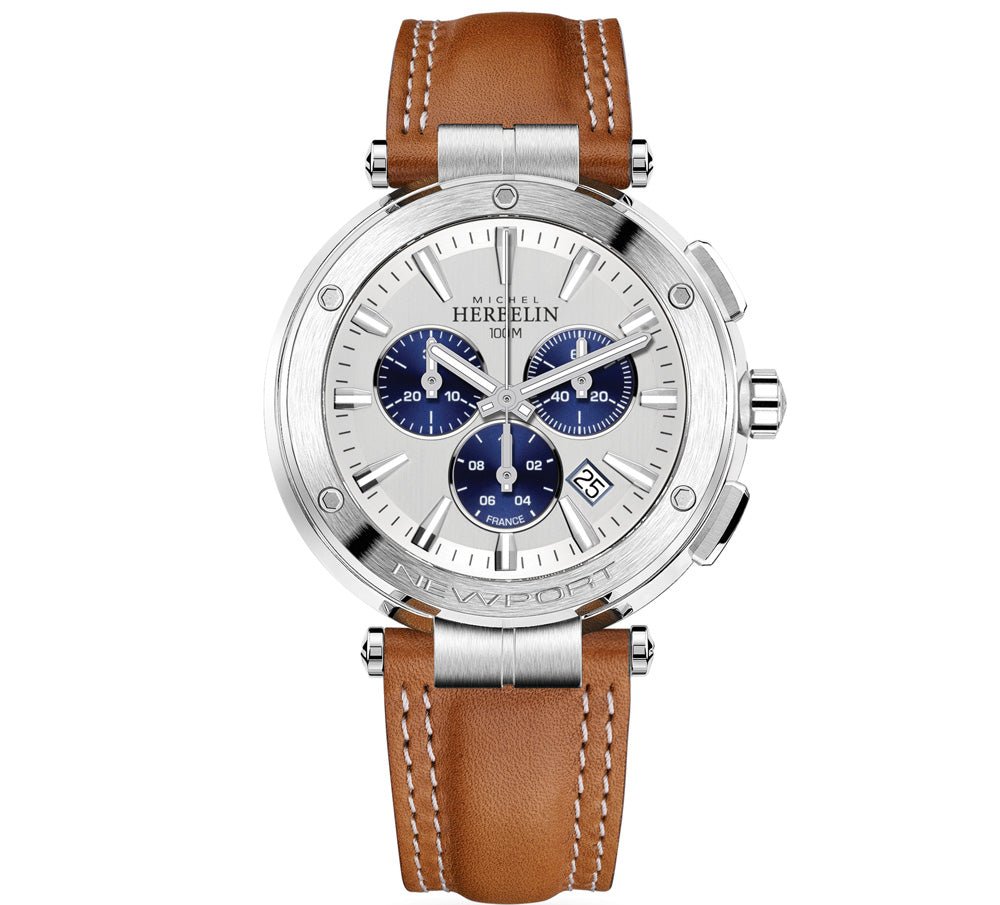 HERBELIN Newport Silver Dial and White Leather 43mm Men's Watch | 37688/42GON | TIME Watches