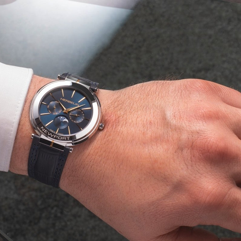 Michel Herbelin Newport Slim Moonphase Leather Strap Men's Watch - 12722/T15BL | Time Watch Specialists