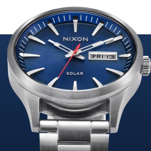 NIXON Sentry Solar Navy Sunray / Silver Stainless Steel Men's Watch | A13465091-00 | Time Watch Specialists