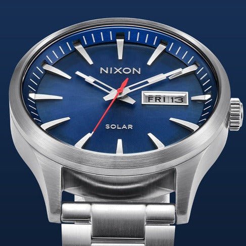 NIXON Sentry Solar Navy Sunray / Silver Stainless Steel Men's Watch | A13465091-00 | Time Watch Specialists