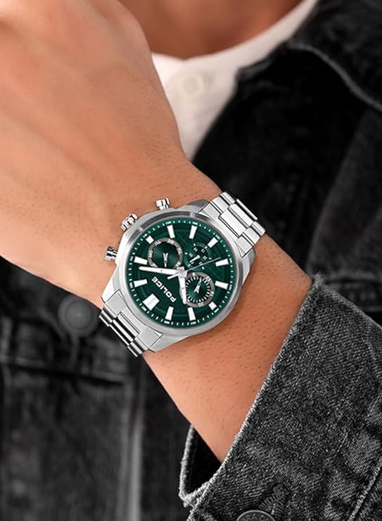 Police Rangy Chronograph With Green Dial & Silver Bracelet Men's Watch | PEWJK0021002 | Time Watch Specialists