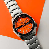 Seiko 5 Orange Dial Silver Stainless Steel Strap Men's Watch | SRPK11K1 | Time Watch Specialists