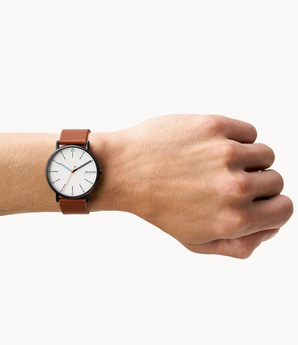 Signatur black leather watch skagen on sale