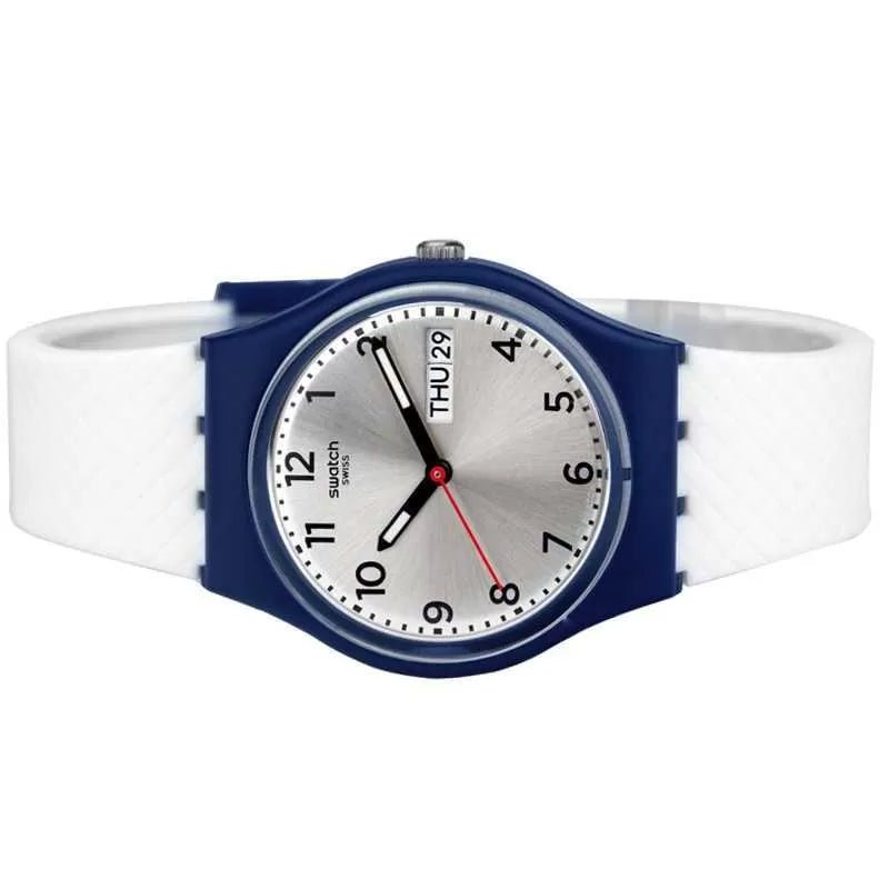 Swatch White Delight Silver Dial White Silicone Strap Men's Watch - GN720 | Time Watch Specialists