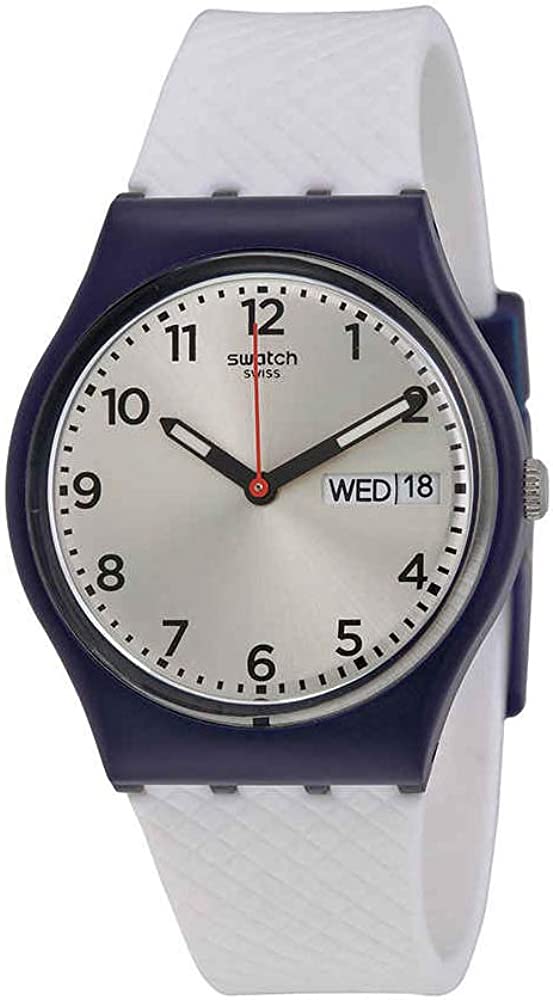 Swatch White Delight Silver Dial White Silicone Strap Men's Watch - GN720 | Time Watch Specialists
