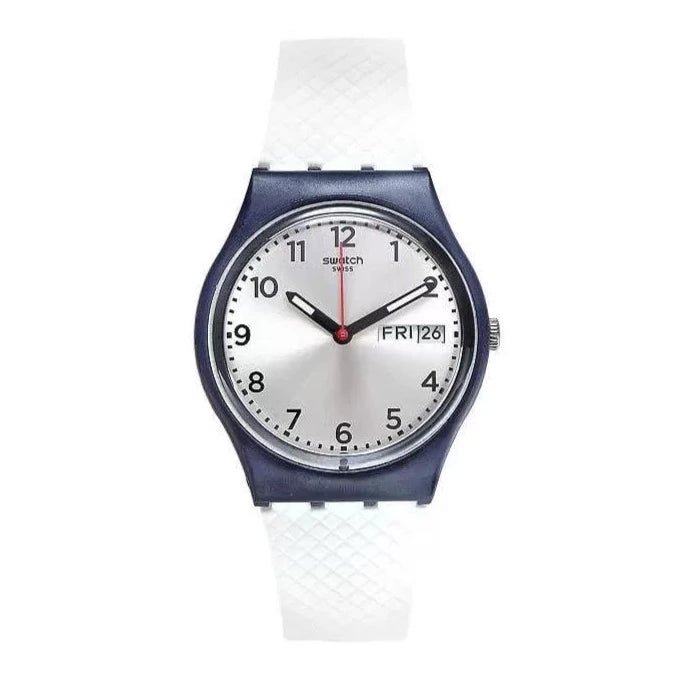 Swatch White Delight Silver Dial White Silicone Strap Men's Watch - GN720 | Time Watch Specialists