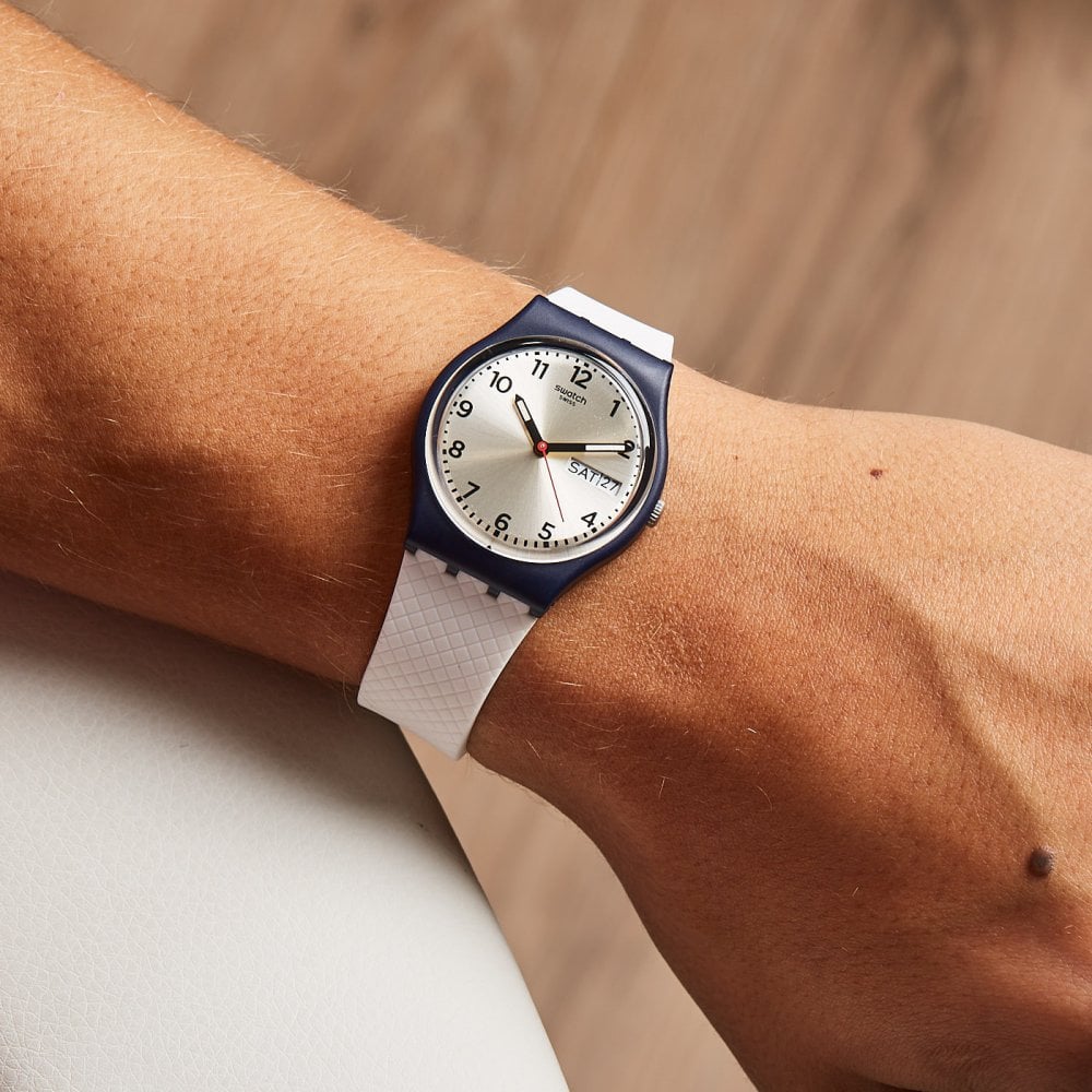 Swatch White Delight Silver Dial White Silicone Strap Men's Watch - GN720 | Time Watch Specialists