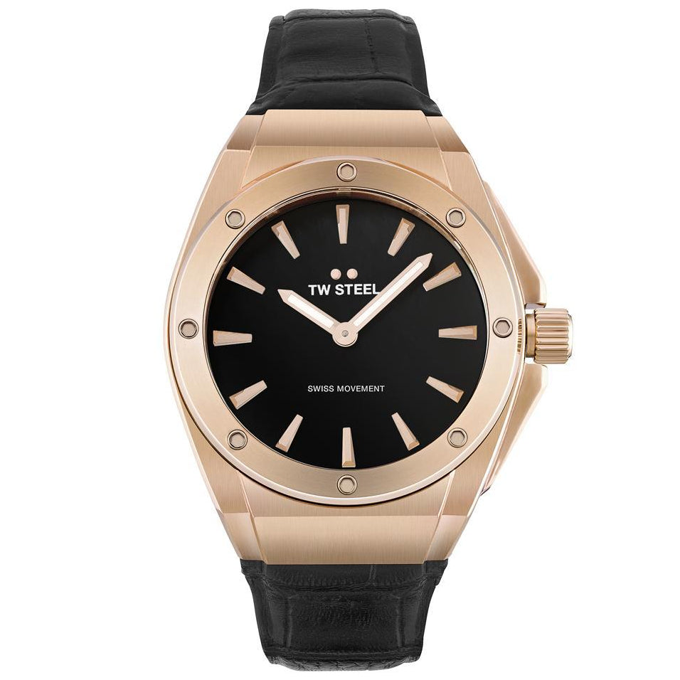 TW Steel CEO Tech Black Dial and Rose Gold Leather Strap 38mm Women's Watch | CE4026 | TIME Watches